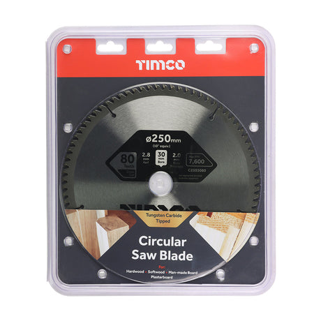 This is an image of Timco - Circular Saw Blade - Fine Trim/Finishing - Extra Fine 250 x 30 x 80T (1 Each Clamshell) C2503080