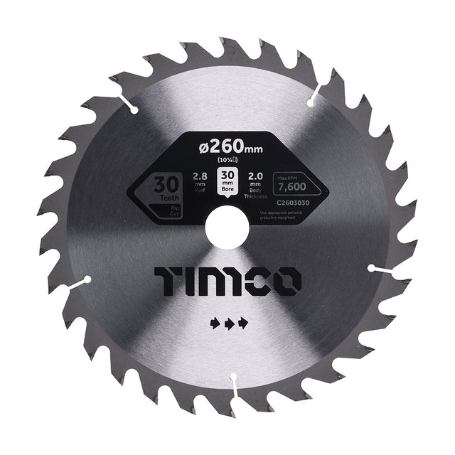 This is an image of Timco - Circular Saw Blade - General Purpose - Coarse/Medium 260 x 30 x 30T (1 Each Clamshell) C2603030