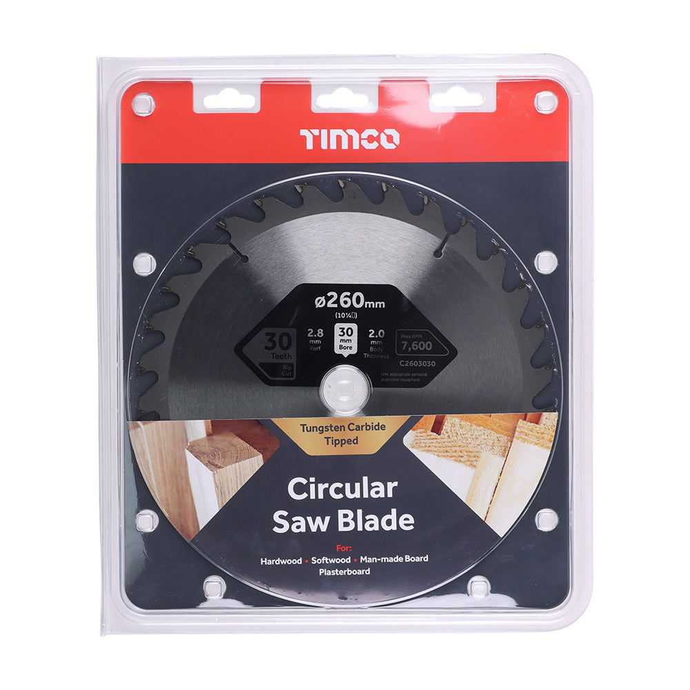 This is an image of Timco - Circular Saw Blade - General Purpose - Coarse/Medium 260 x 30 x 30T (1 Each Clamshell) C2603030