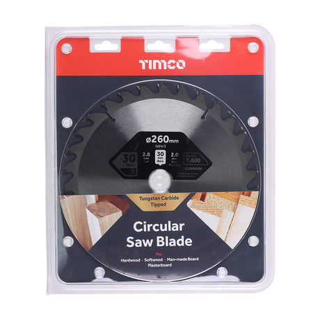 This is an image of Timco - Circular Saw Blade - General Purpose - Coarse/Medium 260 x 30 x 30T (1 Each Clamshell) C2603030