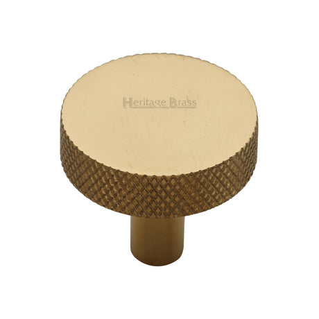 High quality image of Heritage Brass Cabinet Knob Knurled Disc Design 32mm Unlacquered Brass finish | Sku. C3884 38-ULB | available from Trade Door Handles.