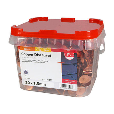 This is an image of Timco - Disc Rivets - Copper 20 x 1.50mm (1000 PCS TIMtub) CDRT