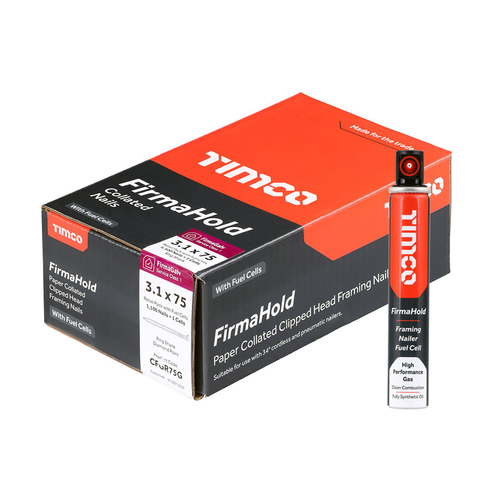This is an image of Timco - FirmaHold Collated Clipped Head Nails & Fuel Cells - Retail Pack - Ring Shank - FirmaGalv 3.1 x 75mm/1CFC (1100 PCS Box) CFGR75G