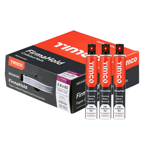 This is an image of Timco - FirmaHold Collated Clipped Head Nails & Fuel Cells - Trade Pack - Ring Shank - FirmaGalv 2.8 x 63mm/3CFC (3300 PCS Box) CFGT63G