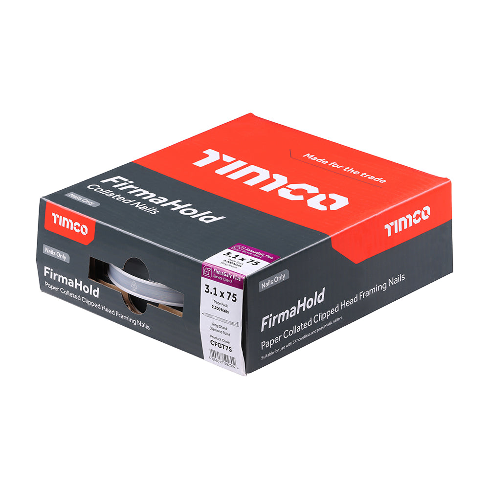 This is an image of Timco - FirmaHold Collated Clipped Head Nails - Trade Pack - Ring Shank - FirmaGalv 3.1 x 75mm (2200 PCS Box) CFGT75