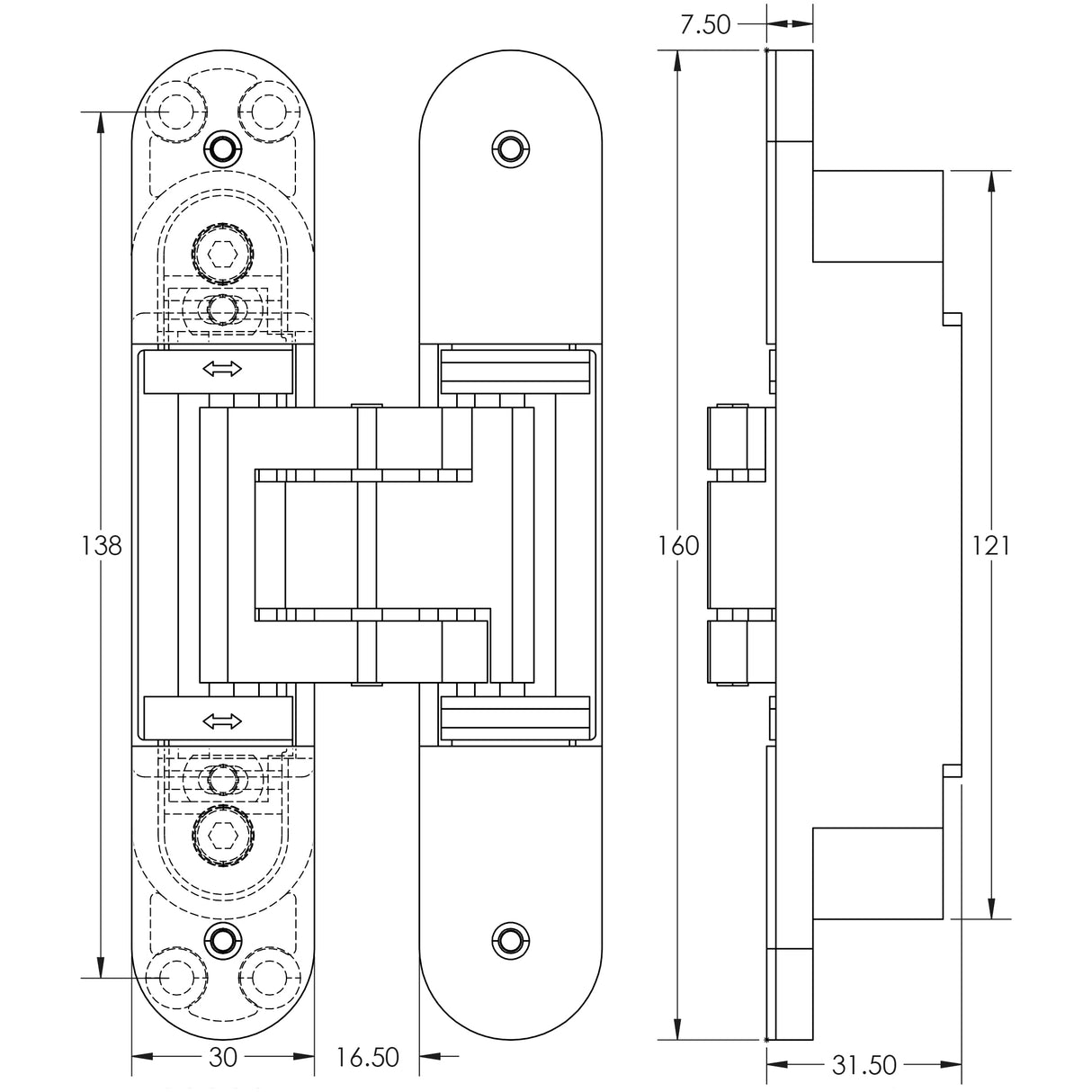 Technical drawing of of Frelan - Ghost 3D 160mm Concealed Hinge Antique Brass Sku. CH100AB