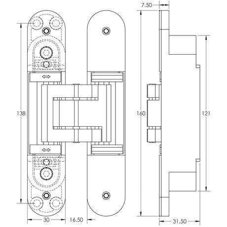 Technical drawing of of Frelan - Ghost 3D 160mm Concealed Hinge Antique Brass Sku. CH100AB
