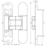 Technical drawing of of Frelan - Ghost 140mm 3D Concealed Hinge White Sku. CH60WH