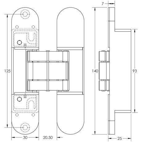 Technical drawing of of Frelan - Ghost 140mm 3D Concealed Hinge Black Sku. CH60MB