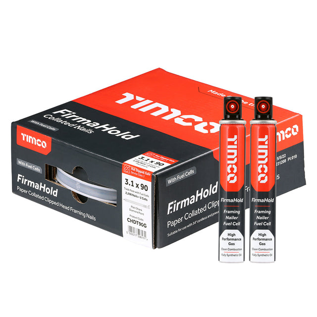 This is an image of Timco - FirmaHold Collated Clipped Head Nails & Fuel Cells - Trade Pack - Plain Shank - Hot Dipped Galvanised 3.1 x 90mm/2CFC (2200 PCS Box) CHDT90G