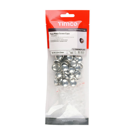 This is an image of Timco - Two Piece Screw Caps - Chrome To fit 3.5 to 4.2 Screw - (100 PCS TIMpac) CHROMEPLAST
