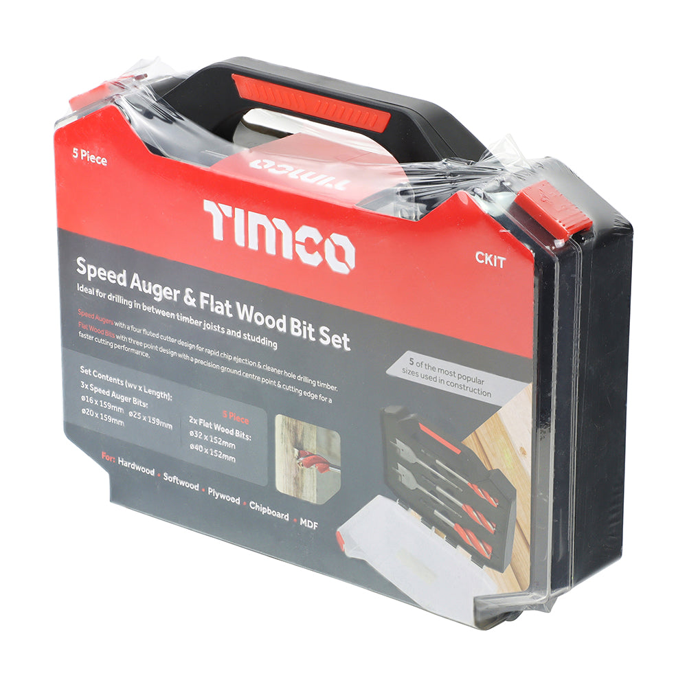 This is an image of Timco - Carpenter's Speed Auger & Flat Wood Bit Kit 5pcs (5 Pieces Case) CKIT