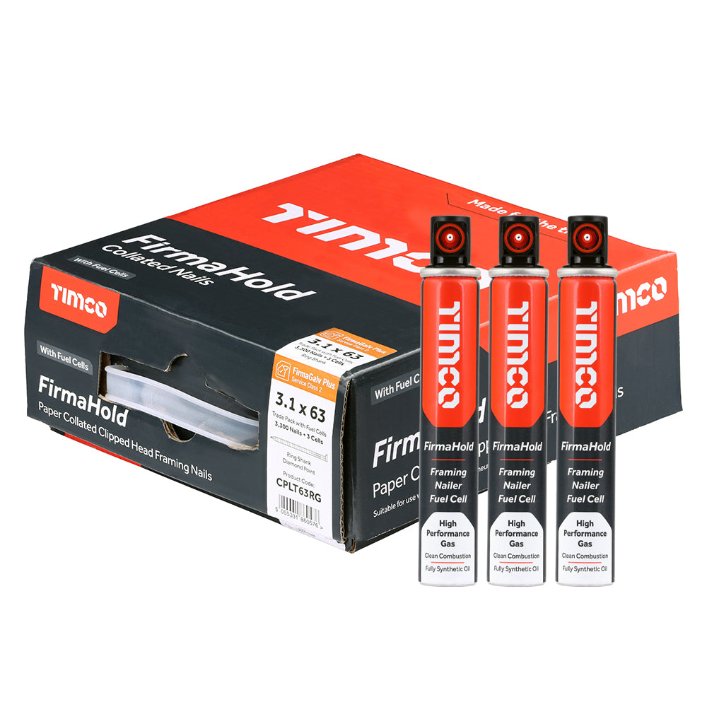 This is an image of Timco - FirmaHold Collated Clipped Head Nails & Fuel Cells - Trade Pack - Ring Shank - FirmaGalv + 3.1 x 63mm/3CFC (3300 PCS Box) CPLT63RG