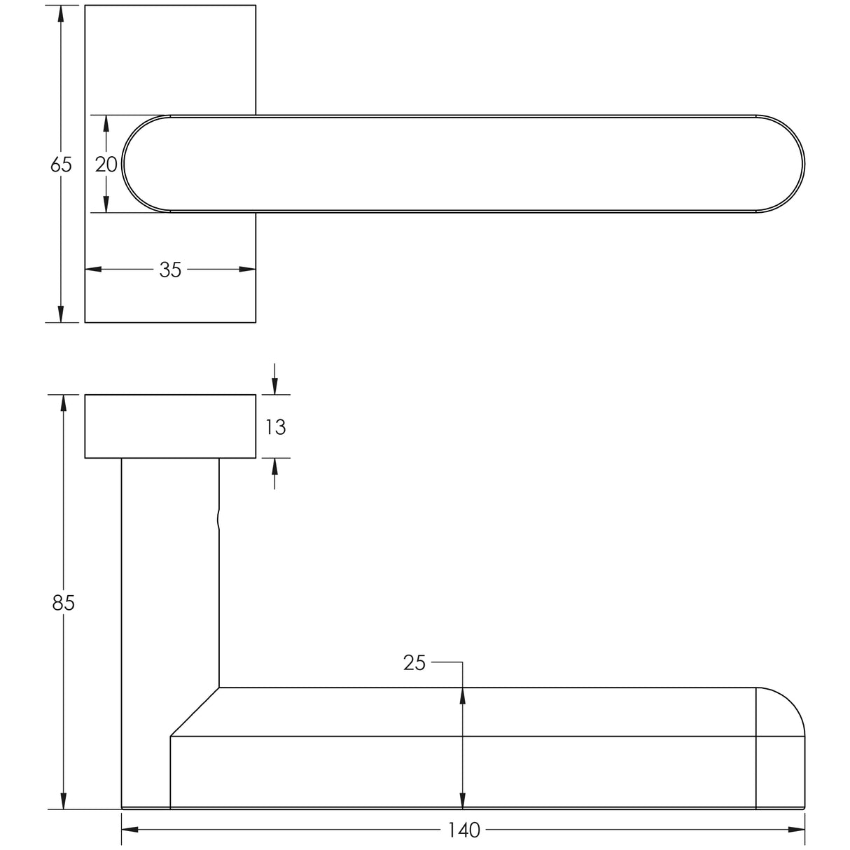 Technical drawing of of CRES - CR-101 Satin Stainless Steel Multi Point Rectangular Rose Door Handle Sku. CR-101D4SSS