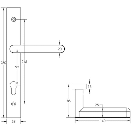 Technical drawing of of CRES - CR-101 Satin Brass Multi Point Backplate Door Handle Sku. CR-101G4SB