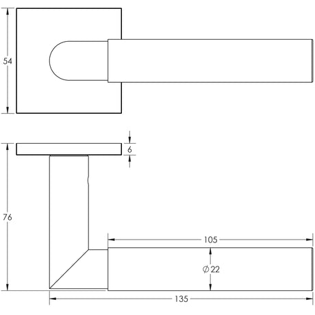 Technical drawing of of CRES - CR-102 Black Sprung Square Rose Door Handle Sku. CR-102B1MB