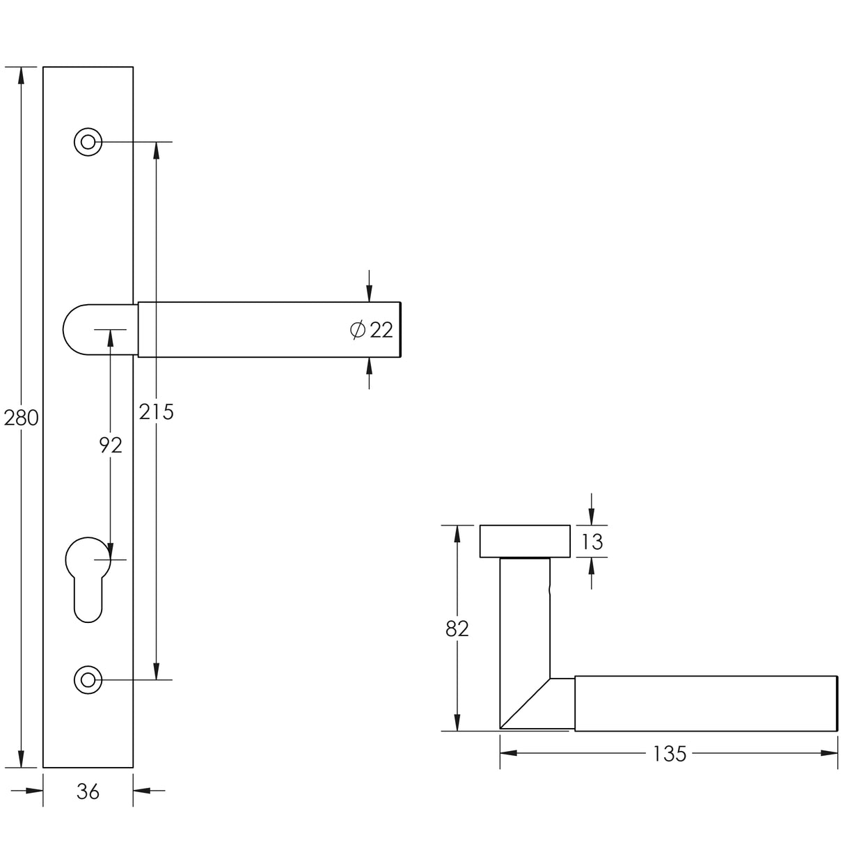Technical drawing of of CRES - CR-102 Dark Bronze Multi Point Backplate Door Handle Sku. CR-102G4DB