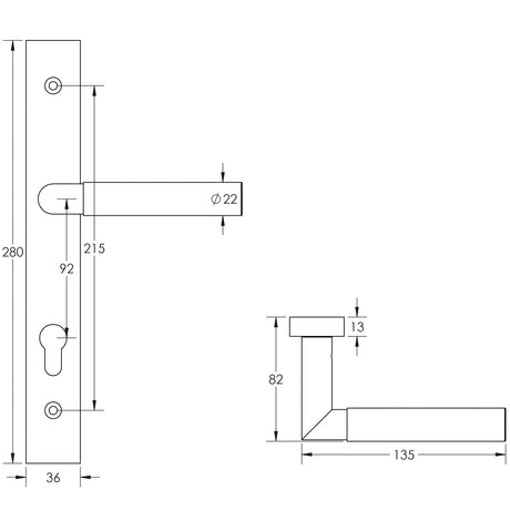 Technical drawing of of CRES - CR-102 Black Multi Point Backplate Door Handle Sku. CR-102G4MB