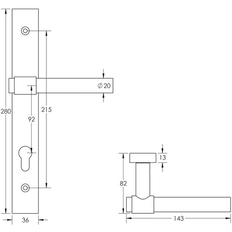 Technical drawing of of CRES - CR-103 Satin Stainless Steel Multi Point Backplate Door Handle Sku. CR-103G4SSS