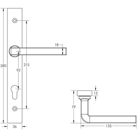 Technical drawing of of CRES - CR-104 Satin Stainless Steel Multi Point Backplate Door Handle Sku. CR-104G4SSS