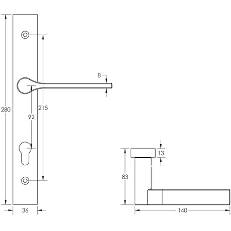 Technical drawing of of CRES - CR-105 Black Multi Point Backplate Door Handle Sku. CR-105G4MB