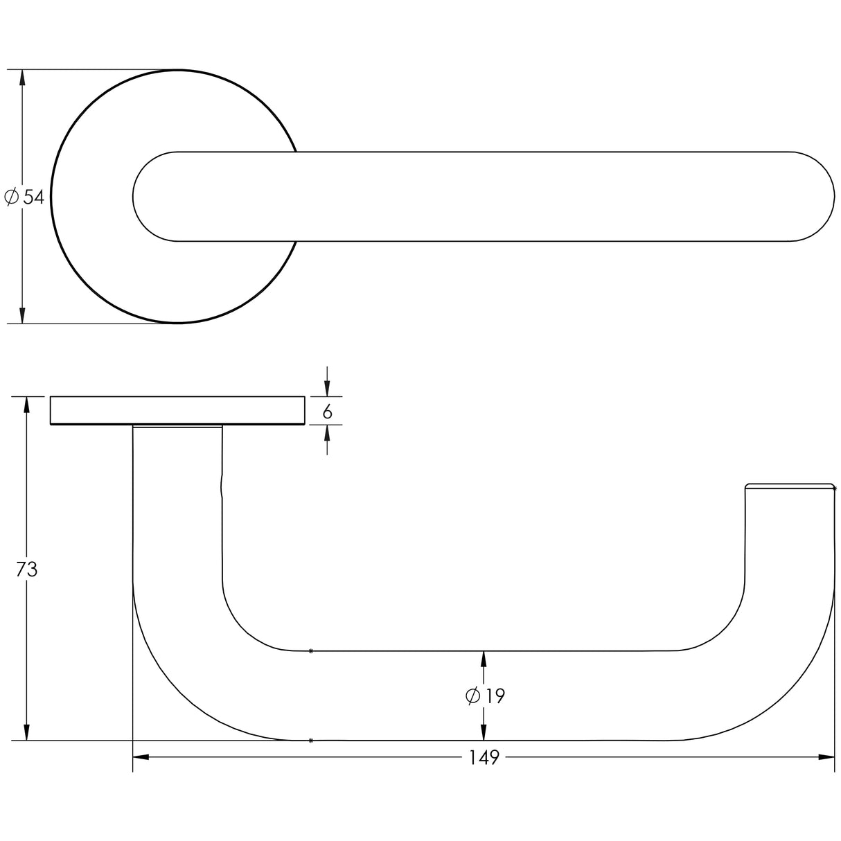 Technical drawing of of CRES - CR-106 Black Sprung Round Rose Door Handle Sku. CR-106A1MB