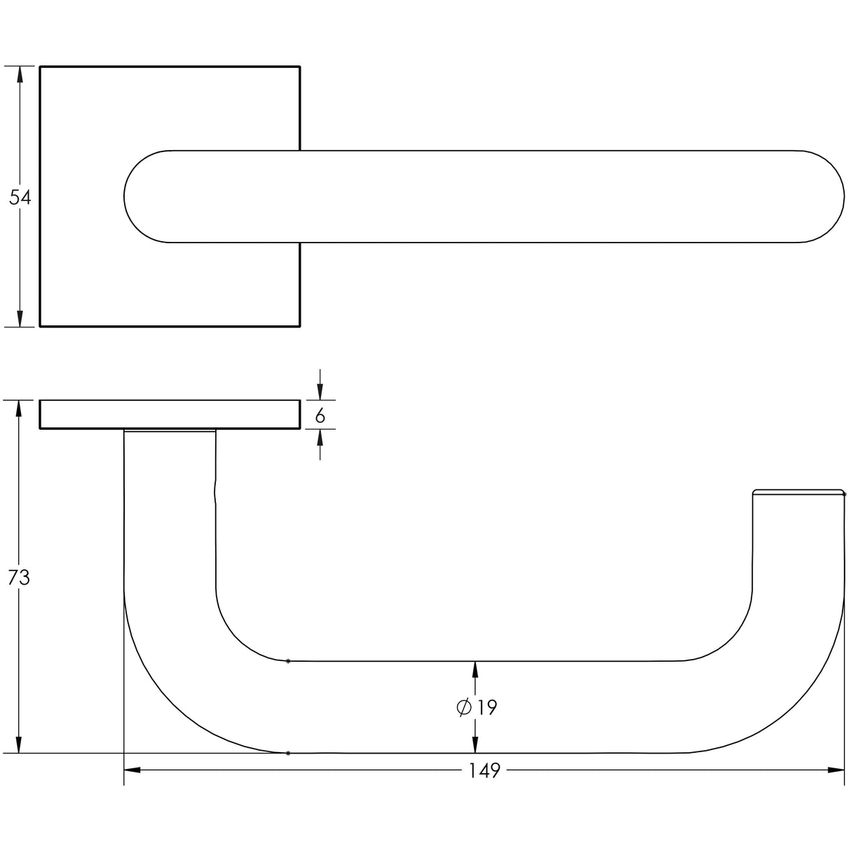 Technical drawing of of CRES - CR-106 Satin Brass Fixed Dead Square Rose Door Handle Sku. CR-106B3SB