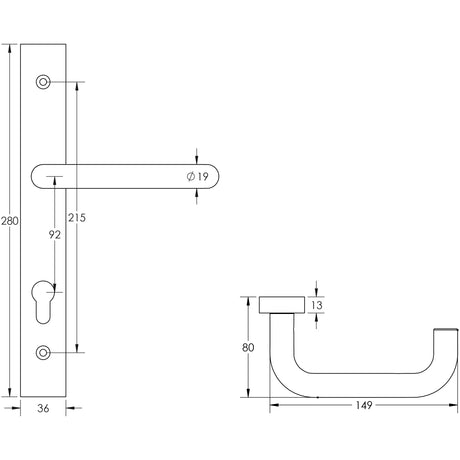 Technical drawing of of CRES - CR-106 Satin Stainless Steel Multi Point Backplate Door Handle Sku. CR-106G4SSS