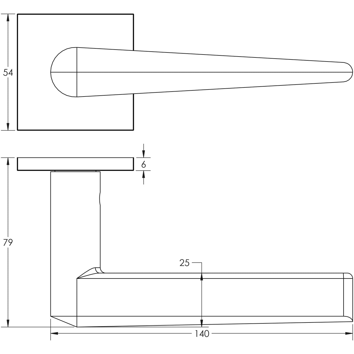 Technical drawing of of CRES - CR-107 Satin Brass Fixed Dead Square Rose Door Handle Sku. CR-107B3SB