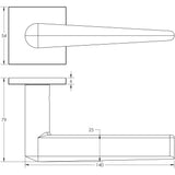 Technical drawing of of CRES - CR-107 Satin Brass Fixed Dead Square Rose Door Handle Sku. CR-107B3SB