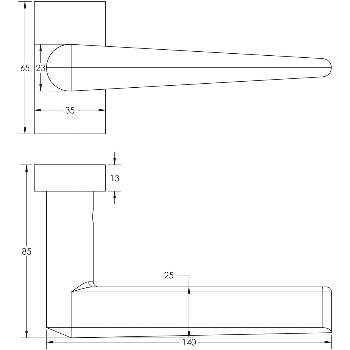 Technical drawing of of CRES - CR-107 Satin Stainless Steel Multi Point Rectangular Rose Door Handle Sku. CR-107D4SSS