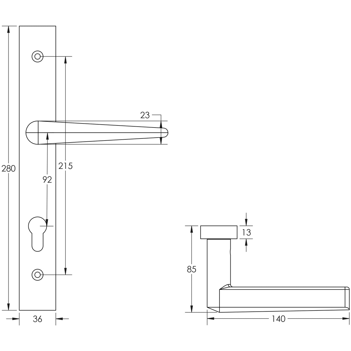 Technical drawing of of CRES - CR-107 Satin Stainless Steel Multi Point Backplate Door Handle Sku. CR-107G4SSS