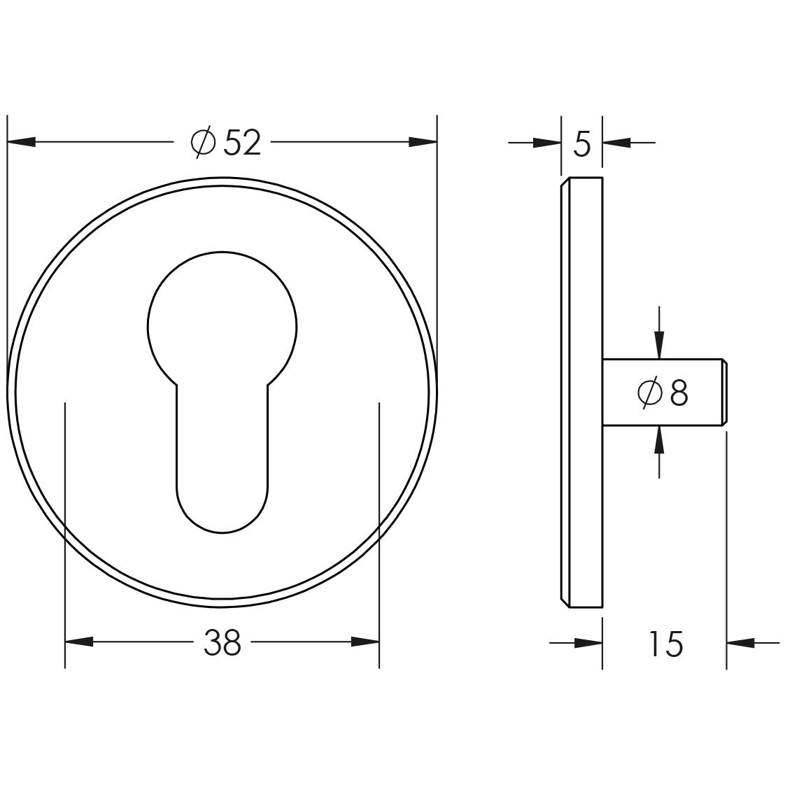 Technical drawing of of CRES - Satin Stainless Steel Euro Escutcheon Lug Fixed Sku. CRES1652SSS