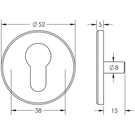 Technical drawing of of CRES - Satin Brass Euro Escutcheon Lug Fixed Sku. CRES1652SB