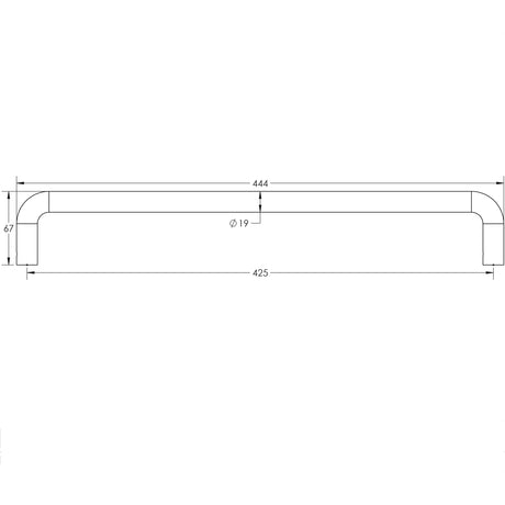 Technical drawing of of CRES - 425mm Bolt Through Satin Stainless Steel D Shape Pull Handle Sku. CRES3002SSS