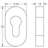 Technical drawing of of CRES - Oval Satin Brass Euro Escutcheon Sku. CRES403SB