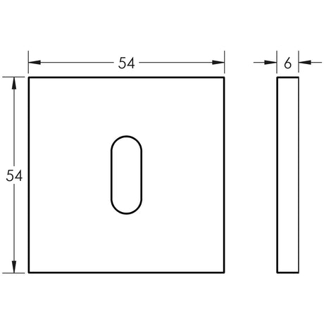 Technical drawing of of CRES - CR-T10 Satin Brass Standard Keyway Square Rose Escutcheon Sku. CR-T10SB