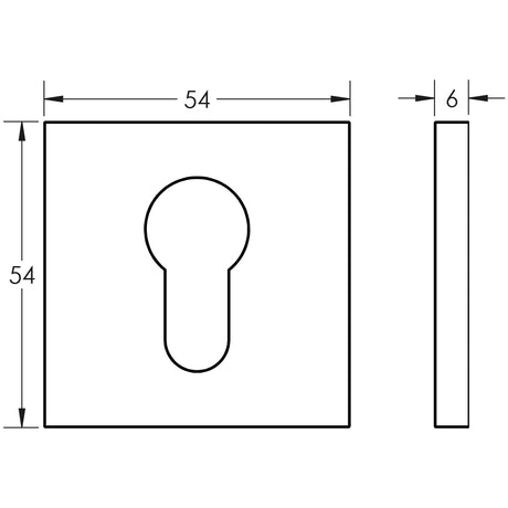 Technical drawing of of CRES - CR-U10 Satin Brass Euro Keyway Square Rose Escutcheon Sku. CR-U10SB