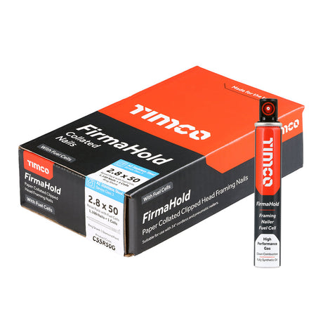 This is an image of Timco - Firmahold Clipped Head Collated Nails & Fuel Cells - Retail Pack - Ring Shank - A2 Stainless Steel 2.8 x 50mm/1CFC (1100 PCS Box) CSSR50G
