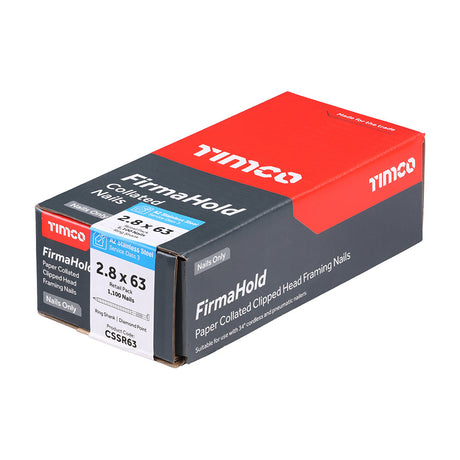 This is an image of Timco - FirmaHold Collated Clipped Head Nails - Retail Pack - Ring Shank - A2 Stainless Steel 2.8 x 63mm (1100 PCS Box) CSSR63