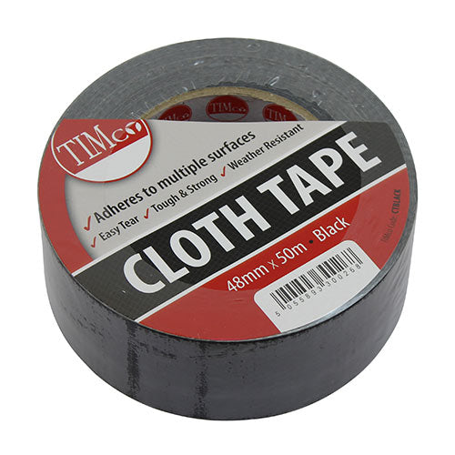 This is an image of Timco - Cloth Tape - Black 50m x 48mm (1 Each Roll) PCSCTBLACK