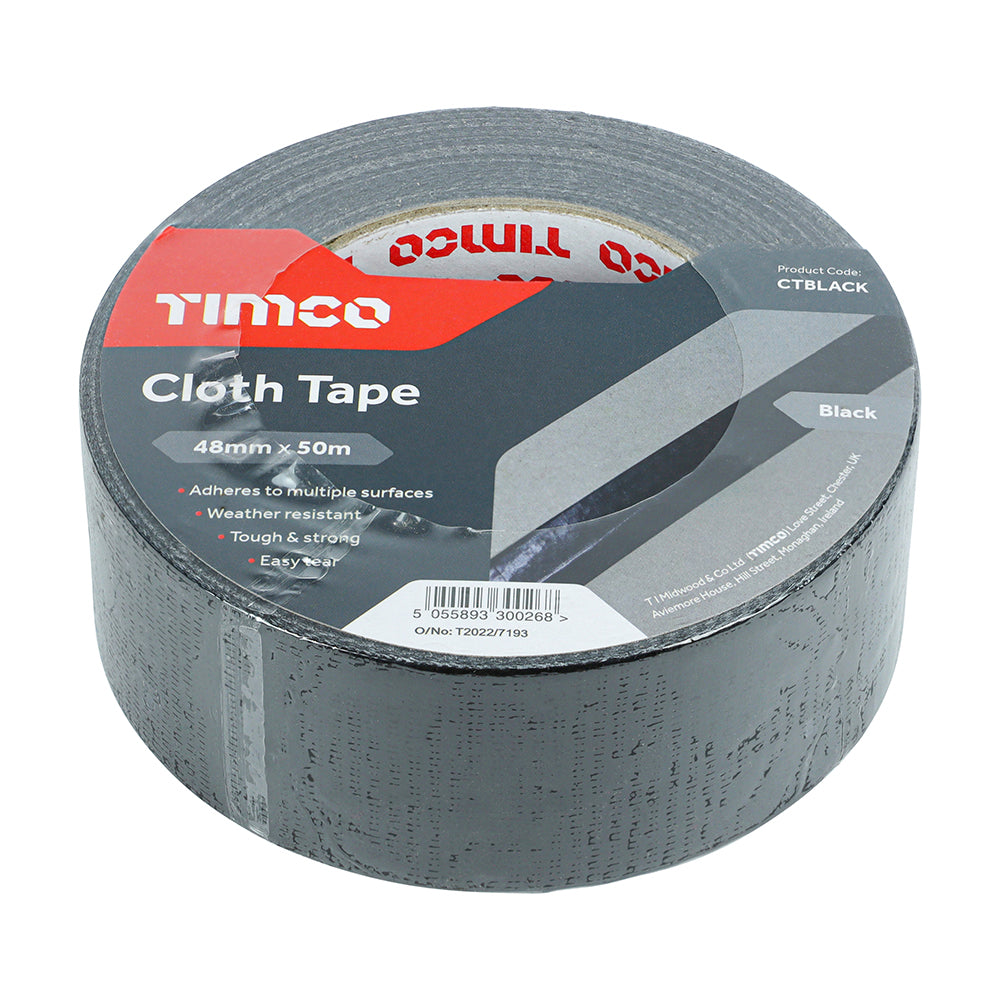 This is an image of Timco - Cloth Tape - Black 50m x 48mm (1 Each Roll) PCSCTBLACK