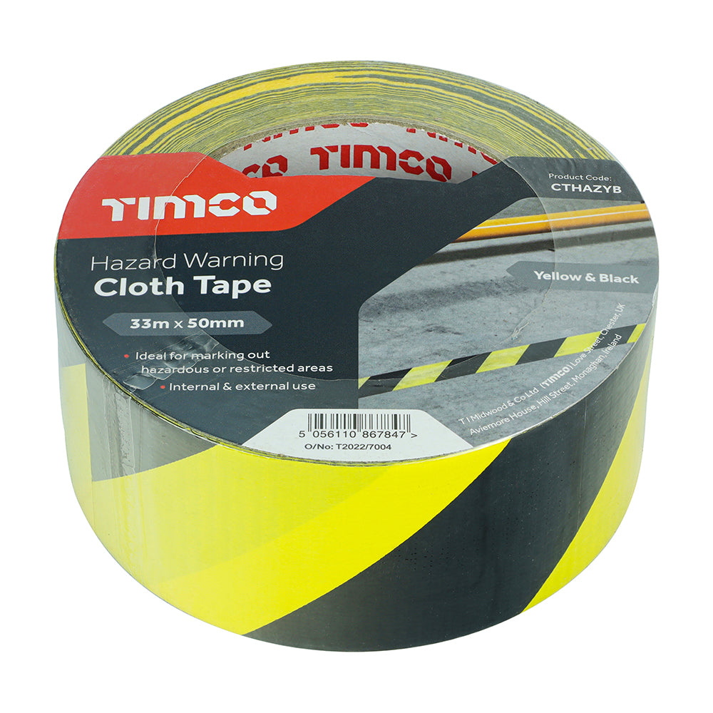 This is an image of Timco - Hazard Warning Cloth Tape - Yellow and Black 33m x 50mm (1 Each Roll) CTHAZYB
