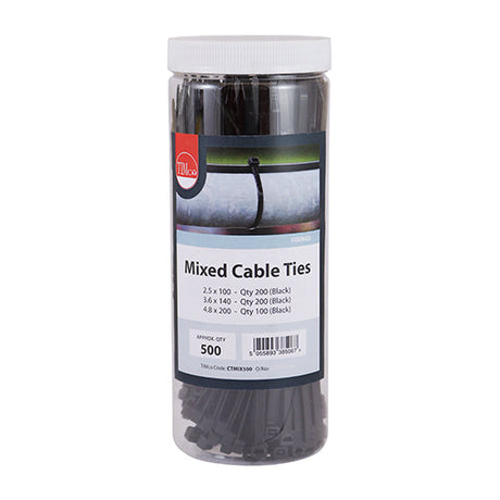 This is an image of Timco - Cable Ties - Mixed - Black Mixed 500pcs - (500 PCS Tube) CTMIX500