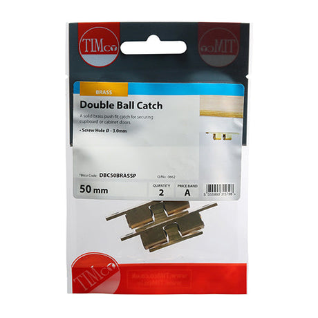 This is an image of Timco - Double Ball Catches - Electro Brass 50mm - (2 PCS TIMpac) DBC50BRASSP
