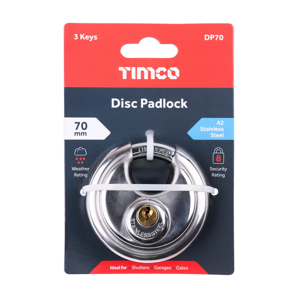 This is an image of Timco - Disc Padlock - A2 Stainless Steel 70mm (1 Each Blister Pack) DP70