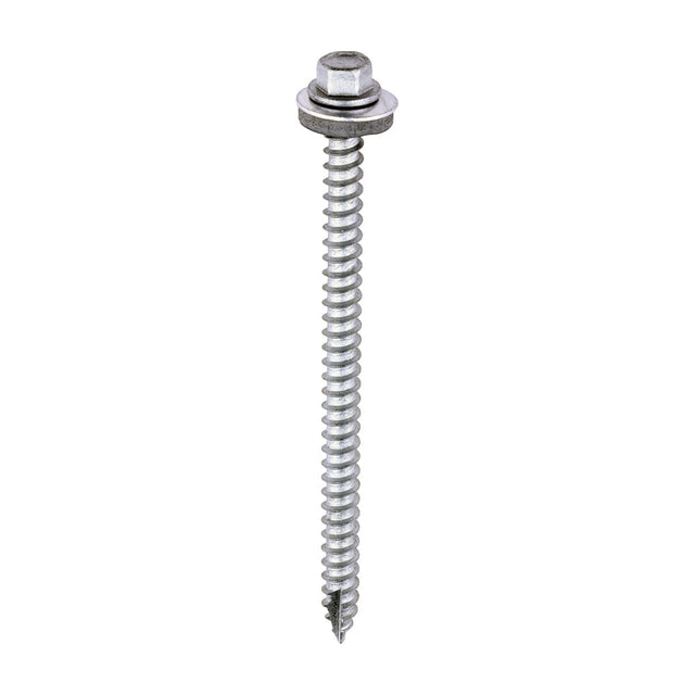 This is an image of Timco - Metal Construction Thin Sheet Metal to Timber Screws - Hex - EPDM Washer - Slash Point - Exterior - Silver Organic 6.3 x 100mm - (100 PCS Box) DS100W16B