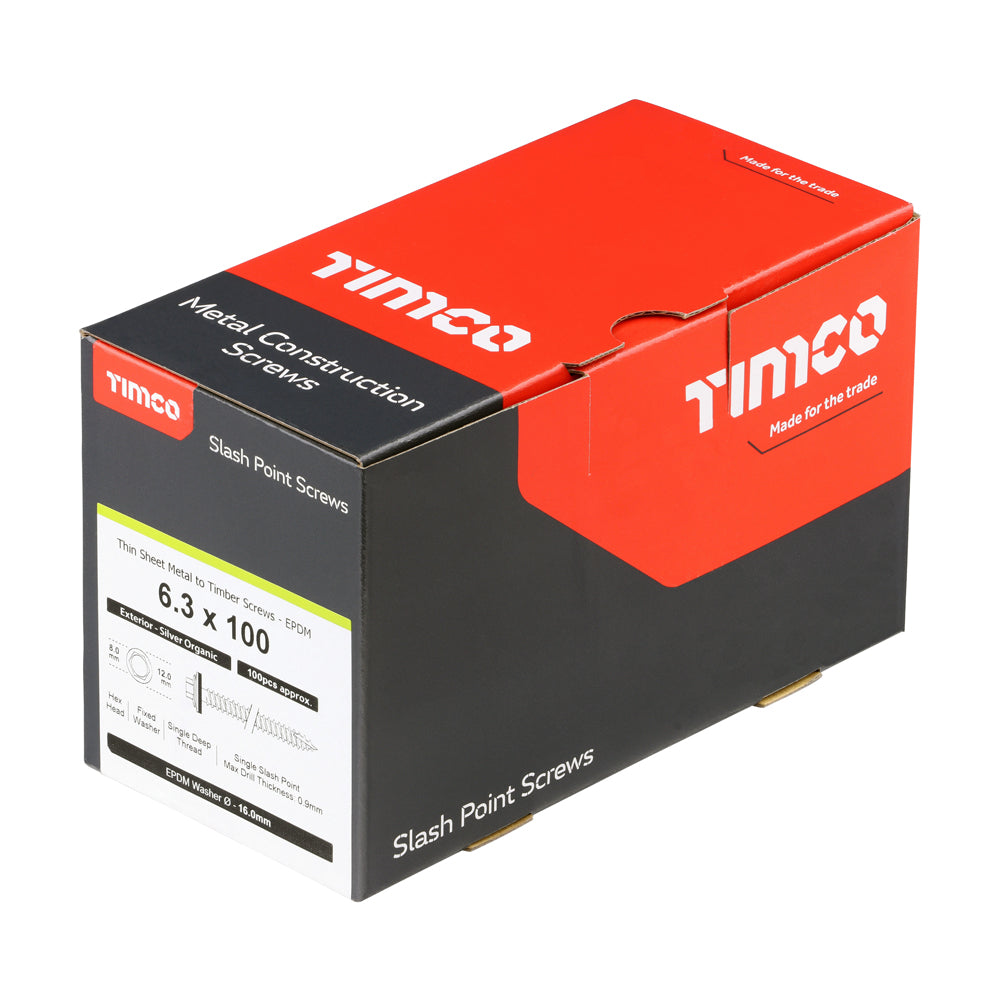 This is an image of Timco - Metal Construction Thin Sheet Metal to Timber Screws - Hex - EPDM Washer - Slash Point - Exterior - Silver Organic 6.3 x 100mm - (100 PCS Box) DS100W16B