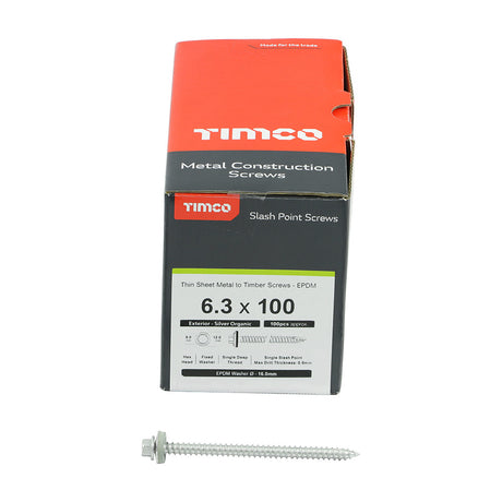 This is an image of Timco - Metal Construction Thin Sheet Metal to Timber Screws - Hex - EPDM Washer - Slash Point - Exterior - Silver Organic 6.3 x 100mm - (100 PCS Box) DS100W16B