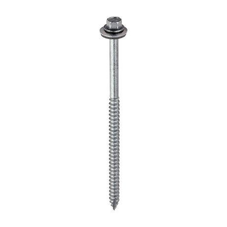 This is an image of Timco - Metal Construction Thin Sheet Metal to Timber Screws - Hex - EPDM Washer - Slash Point - Exterior - Silver Organic 6.3 x 125mm - (100 PCS Box) DS125W16B